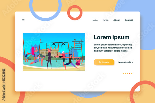 Group of people exercising outside. Sport ground, outdoor workout gym, equipment flat vector illustration. Fitness, body training concept for banner, website design or landing web page