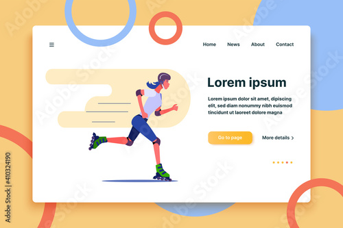 Beautiful girl riding on roller skates. Roller skating flat vector illustration. Leisure concept for banner, website design or landing web page