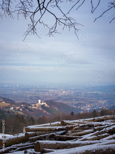 Castle of Forchtenstein with village und view to lake Neusiedlersee from Summit Rosalia photo