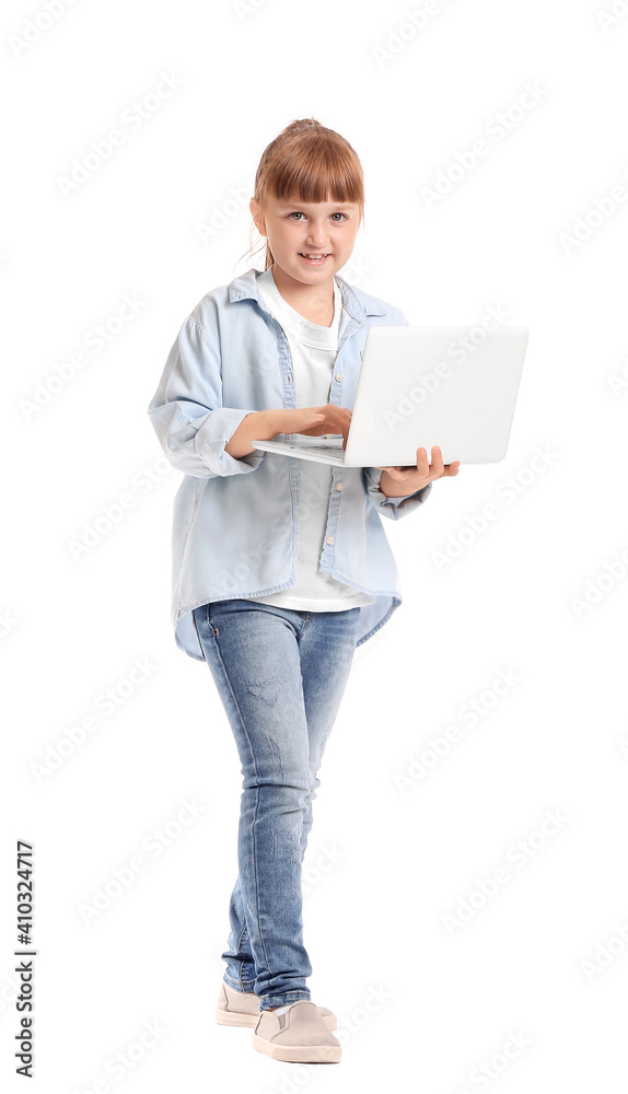 Little girl with laptop on white background