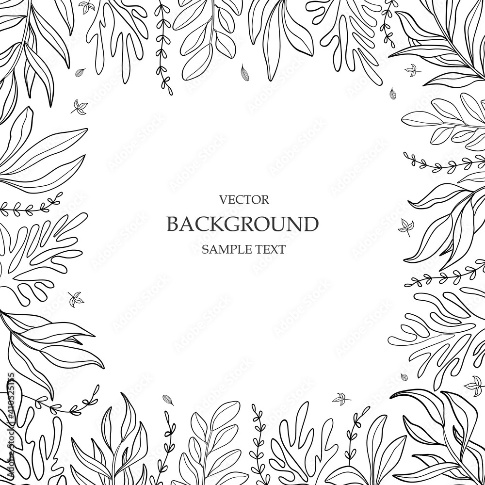 Floral vector template with leaves, plants for greeting card. Silhouette of abstract natural elements. Vector plant print for holiday post, background, cover, banner, invitation. Trendy design.