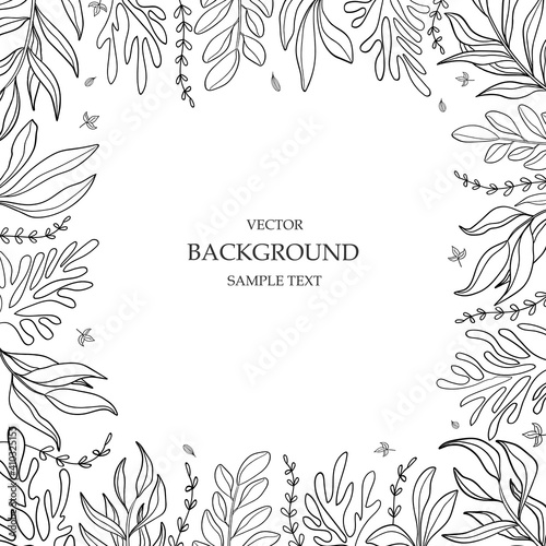 Floral vector template with leaves, plants for greeting card. Silhouette of abstract natural elements. Vector plant print for holiday post, background, cover, banner, invitation. Trendy design.