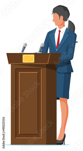 Orator speaking from tribune. Public speaker. Wooden rostrum with microphones for presentation. Stand, podium for conferences, lectures debates. Political and ballot. Flat vector illustration