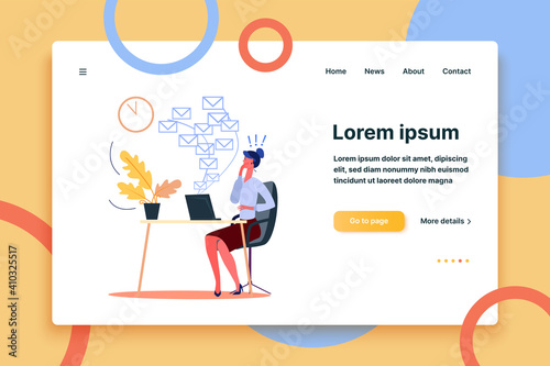 Frightened businesswoman looking at plenty incoming emails. Secretary at work flat vector illustration. Business correspondence concept for banner, website design or landing web page