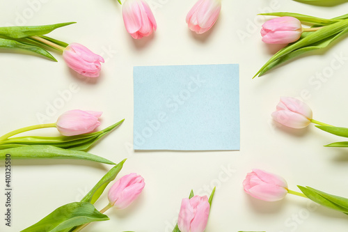 Fototapeta Naklejka Na Ścianę i Meble -  Beautiful flowers and empty card on white background