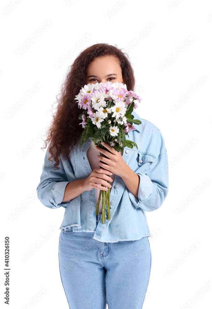 African-American woman with bouquet of beautiful flowers on white background African-American woman with bouquet of beautiful flowers on white background