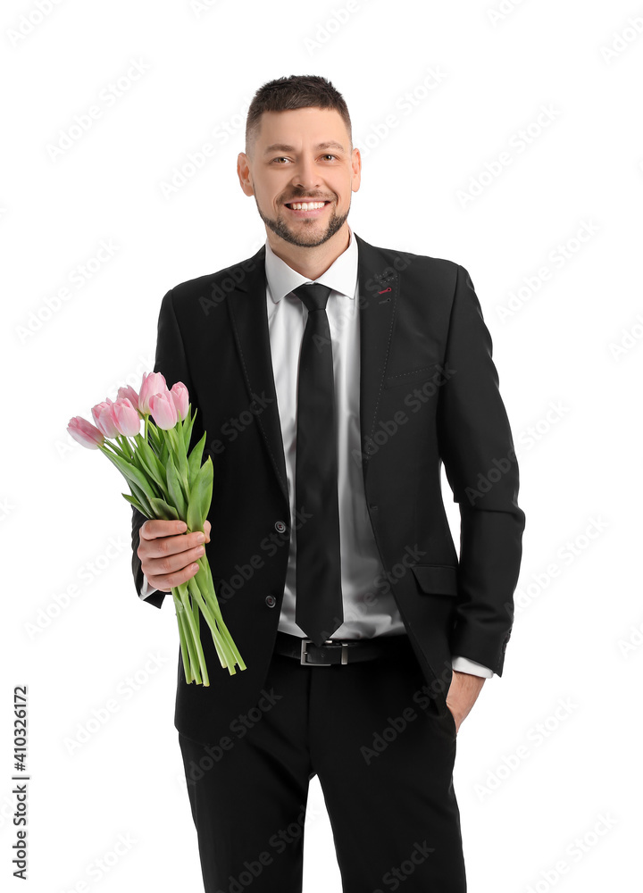Handsome man with bouquet of beautiful flowers on white background Handsome man with bouquet of beautiful flowers on white background