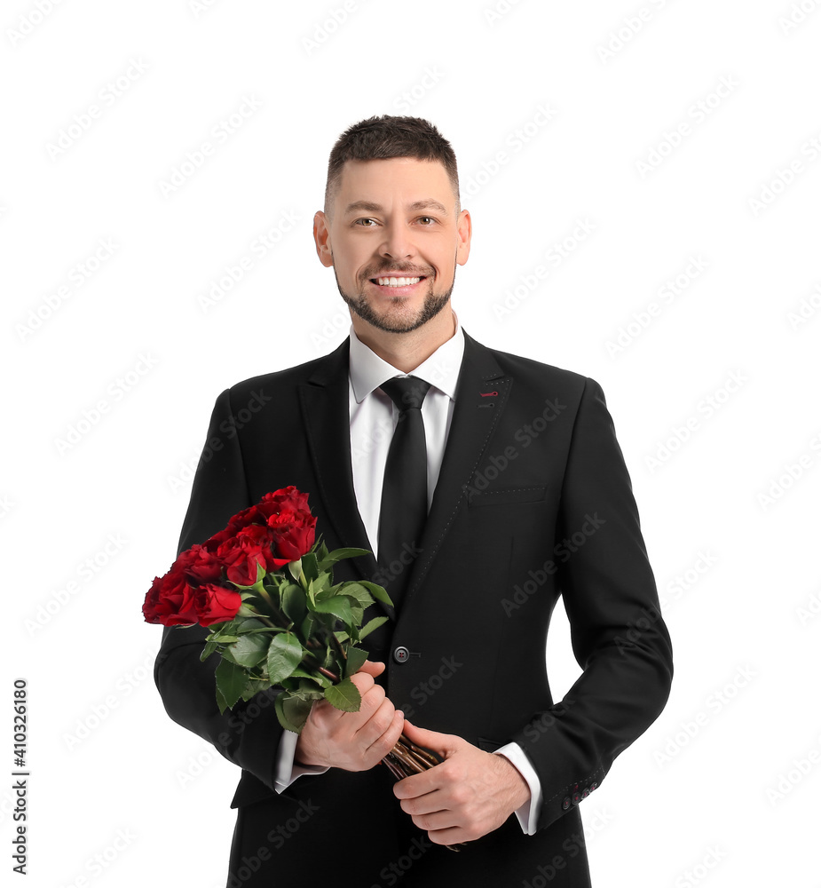 Handsome man with bouquet of beautiful flowers on white background Handsome man with bouquet of beautiful flowers on white background