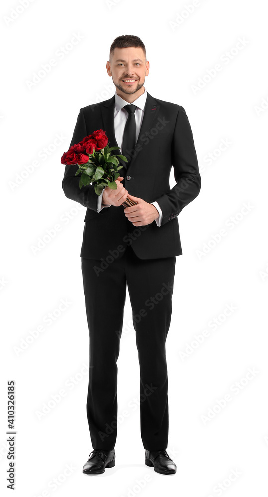 Handsome man with bouquet of beautiful flowers on white background Handsome man with bouquet of beautiful flowers on white background