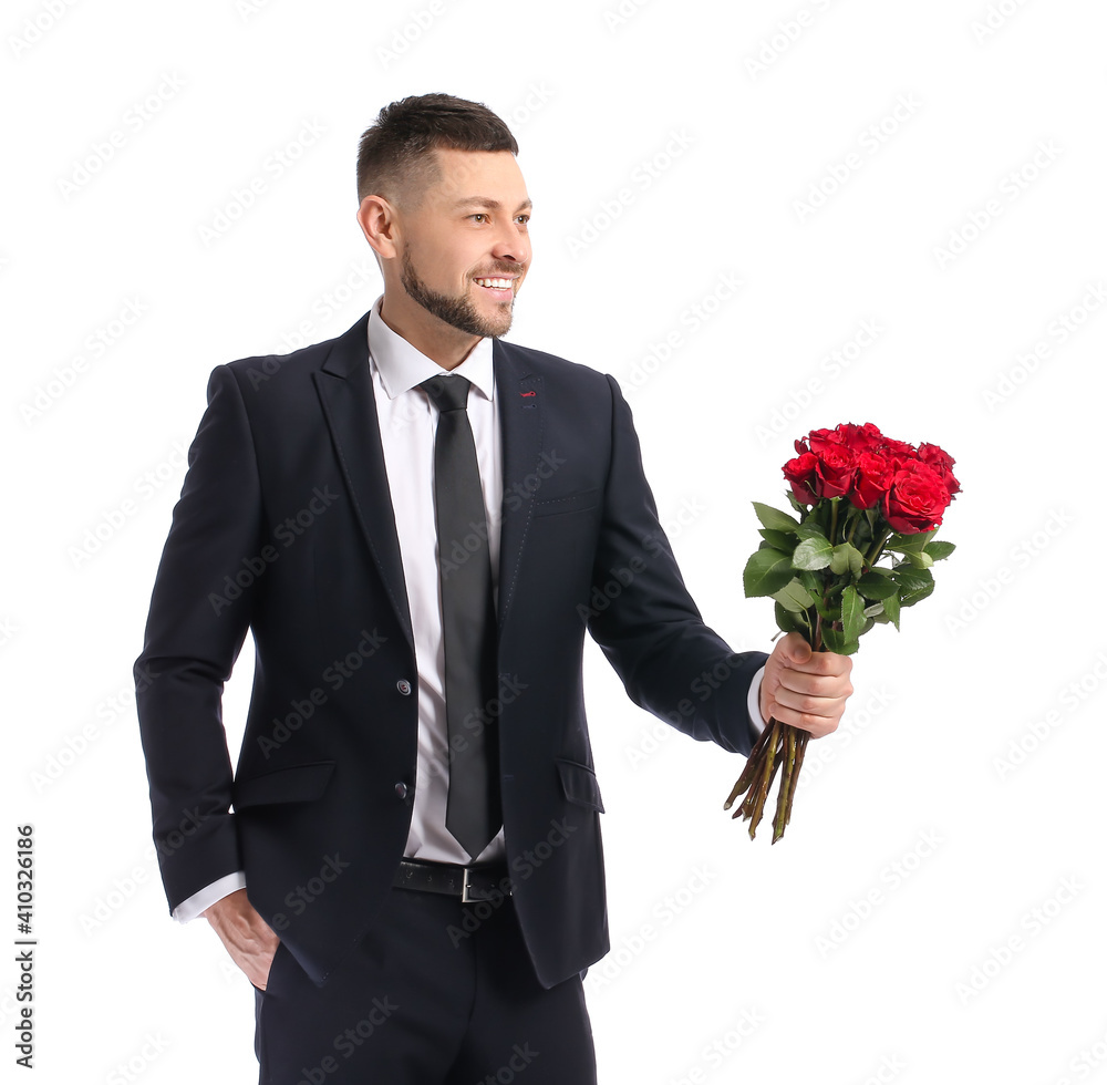 Handsome man with bouquet of beautiful flowers on white background Handsome man with bouquet of beautiful flowers on white background