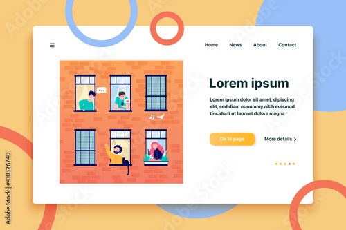Friendly neighbors looking at windows. Friendship, neighbor, building flat vector illustration. Lifestyle and neighborhood concept for banner, website design or landing web page