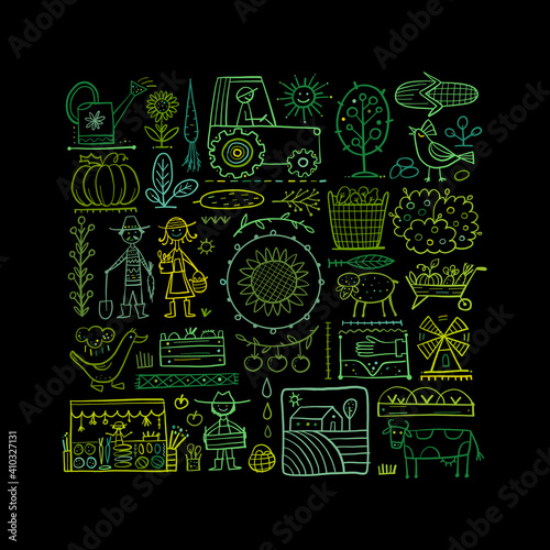 Organic Farm Background For your Design. Harvest Festival. Agriculture collection. Organic farming eco concept. Fresh products, locally grown and organic food. Farmer's Market.