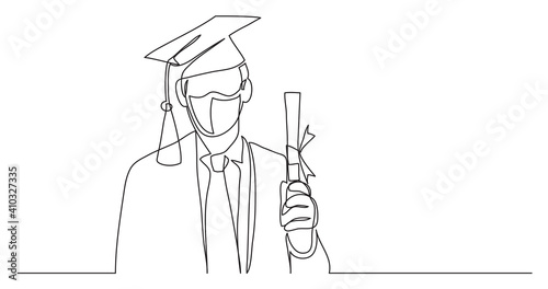 happy graduate wearing face mask with diploma - continuous line drawing