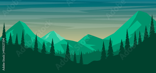 Cartoon mountain landscape in flat style. Design element for poster, card, banner, flyer. Vector illustration