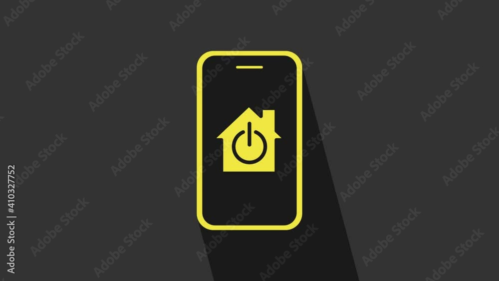 Yellow Mobile phone with smart home icon isolated on grey background. Remote control. 4K Video motion graphic animation Yellow Mobile phone with smart home icon isolated on grey background. Remote control. 4K Video motion graphic animation