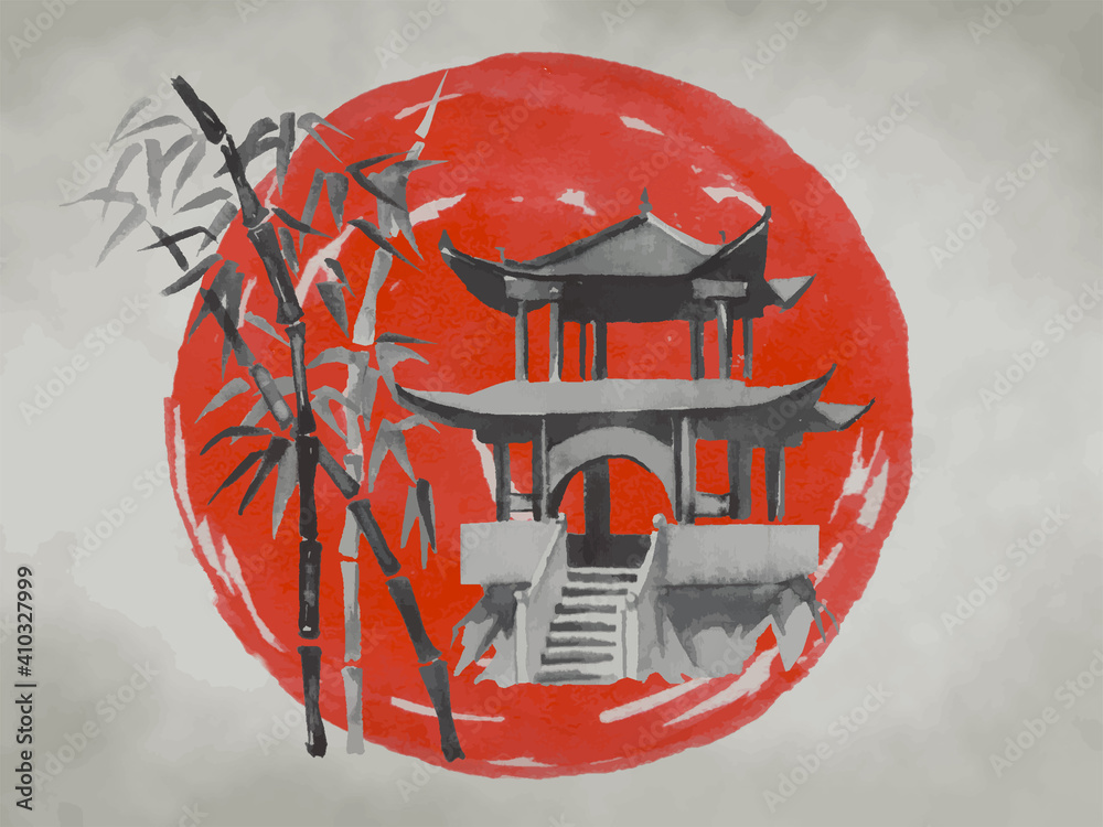 Japan traditional sumi e painting Fuji mountain sakura sunset Japan