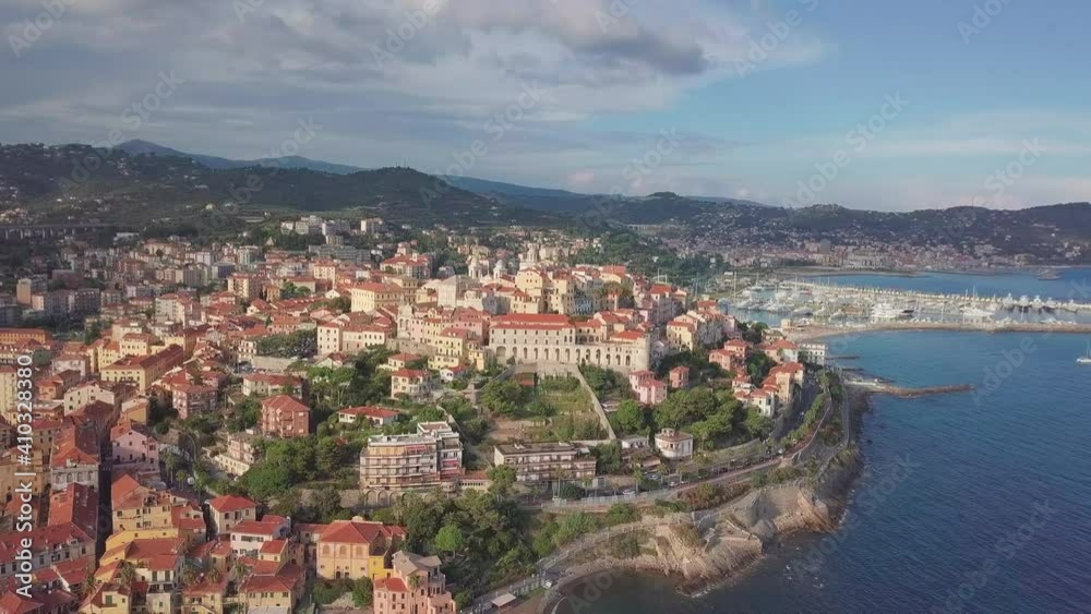 Imperia Borgo Prino Porto Maurizio aerial view. Liguria, Mediterranean sea, Italy. Ligurian sea. Imperia Borgo Prino Porto Maurizio aerial view. Liguria, Mediterranean sea, Italy. Ligurian sea.