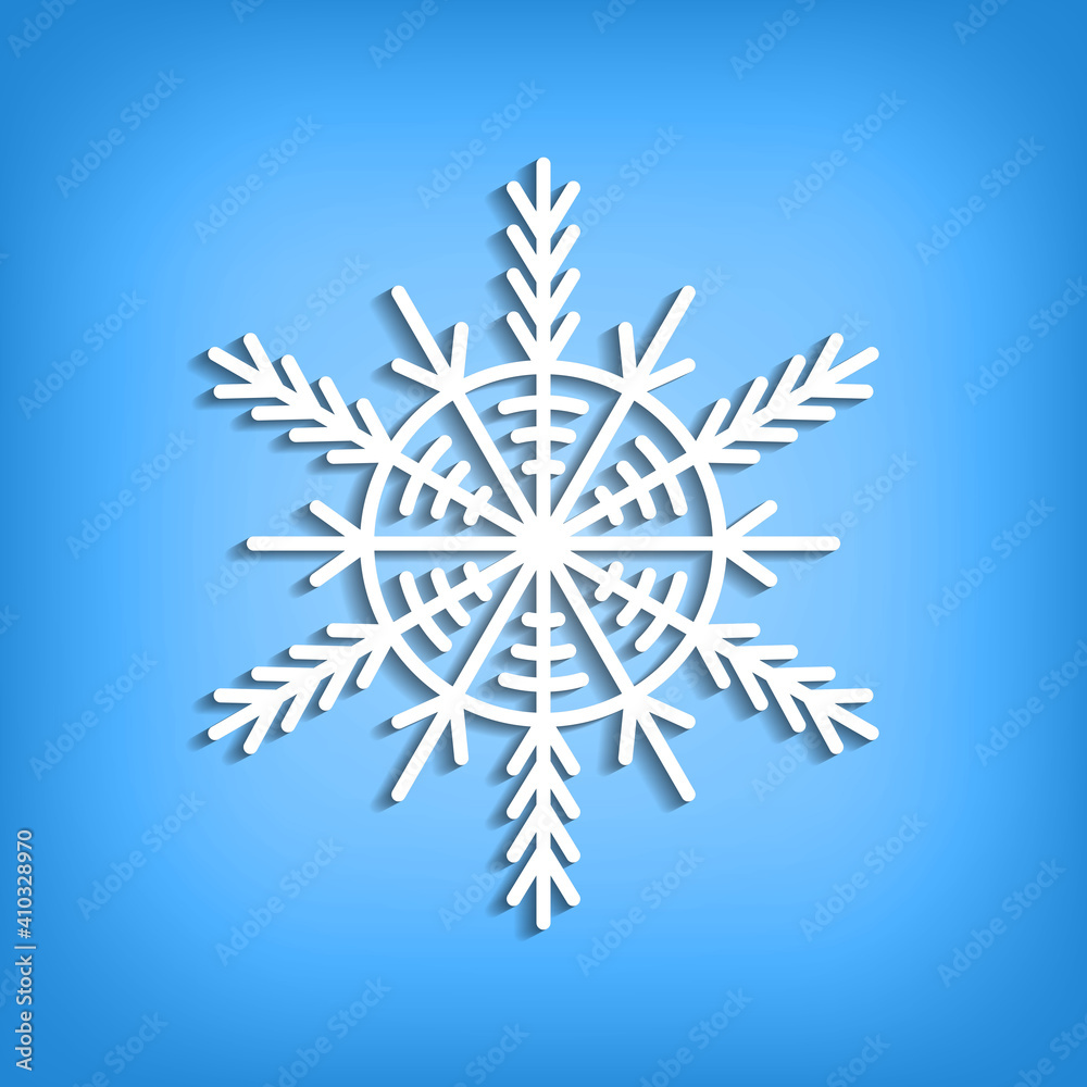 White template snowflake with shadow on blue background. Isolated snowflakes icon. Empty paper shape. Winter cartoon flat illustration. Geometric hexagonal pattern. Hand draw style. White template snowflake with shadow on blue background. Isolated snowflakes icon. Empty paper shape. Winter cartoon flat illustration. Geometric hexagonal pattern. Hand draw style.
