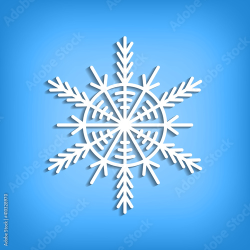 White template snowflake with shadow on blue background. Isolated snowflakes icon. Empty paper shape. Winter cartoon flat illustration. Geometric hexagonal pattern. Hand draw style.