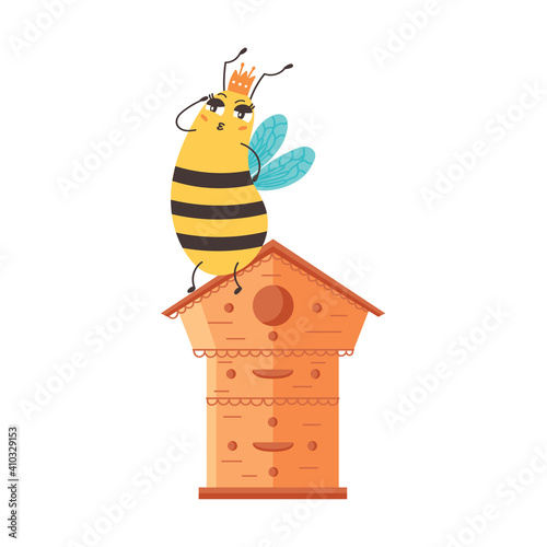 Queen bee guards sitting on the hive. Bumblebees queen guards the house. Character funny animal. Vector illustration