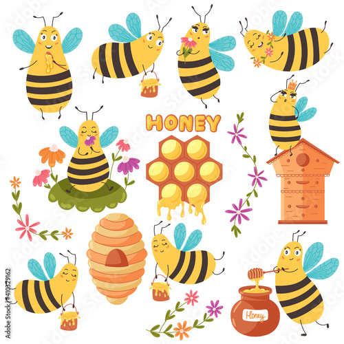 Set of cute bees and honey. Collection of flying bumblebees with a bucket, a jar of honey. Vector illustration