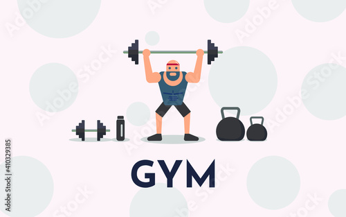 Vector illustration of bald man doing gym and lifting weight, flat design style illustration