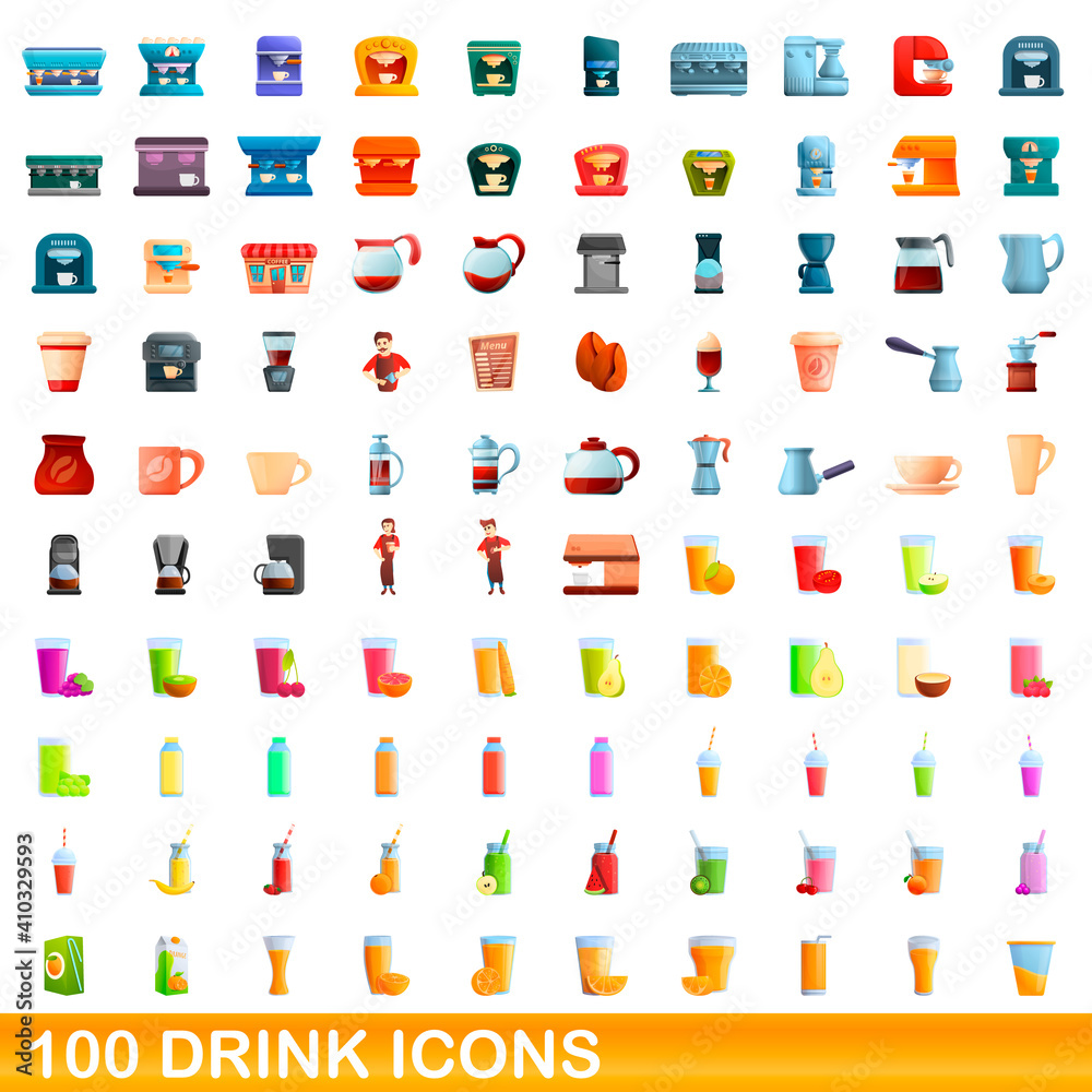 100 drink icons set. Cartoon illustration of 100 drink icons vector set isolated on white background 100 drink icons set. Cartoon illustration of 100 drink icons vector set isolated on white background