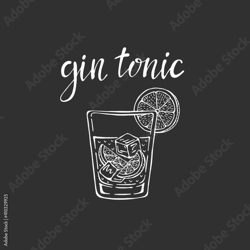 Gin tonic classic cocktail hand drawn vector illustration. Glass with ice and a slice of lime, for cocktail cards. Homemade gin tonic lettering, isolated vector illustration