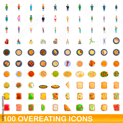 100 overeating icons set. Cartoon illustration of 100 overeating icons vector set isolated on white background