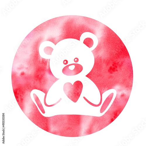 Watercolor illustration. White teddy on pink watercolor background. For Valentine's Day, wedding, invitations, cards, design for wrapping paper, print, textile