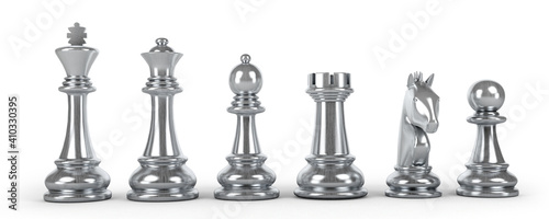 Set of silver chess pieces isolated on white background. 3d illustration.