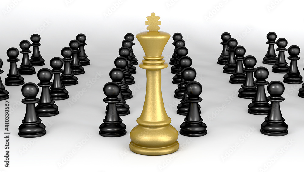 Golden Chess King stands in front of black pawns. Business leadership concept. 3d illustration. Golden Chess King stands in front of black pawns. Business leadership concept. 3d illustration.
