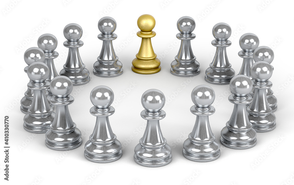 The Golden Chase Pawn stands with the silver pawns. Business leadership concept. 3d illustration. The Golden Chase Pawn stands with the silver pawns. Business leadership concept. 3d illustration.