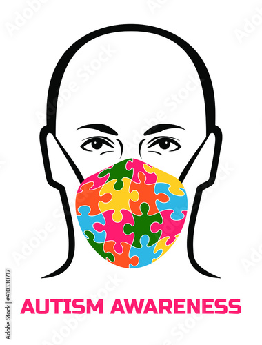 Autism Awareness. Line art face man with colorful  puzzle medical mask vector.