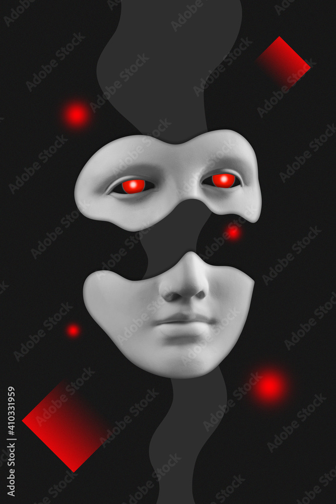 Antique sculpture of woman face surreal collage in pop art style. Modern image with cut details of statue head. Red eyes. Dark concept. Zine culture. Contemporary art poster. Funky retro minimalism.