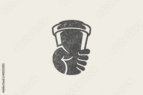 Silhouette of human hand carrying takeaway cup of coffee to go in morning hand drawn stamp effect vector illustration.