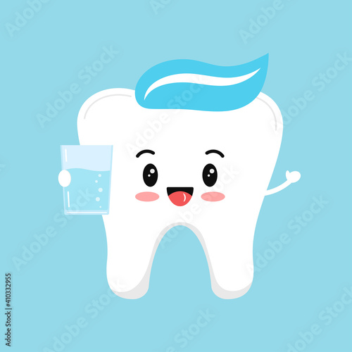 Cute kids tooth with water or mouthwash. Flat design cartoon smiling character with healthy drink vector illustration. Happy white tooth isolated on background. Food for dental teeth health concept.
