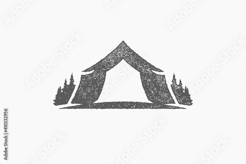 Silhouette of tent located on campsite near coniferous forest in countryside hand drawn stamp effect vector illustration