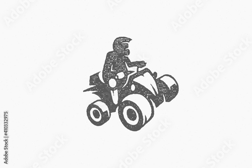 Black silhouette person in helmet driving quadricycle trip in countryside hand drawn stamp effect vector illustration