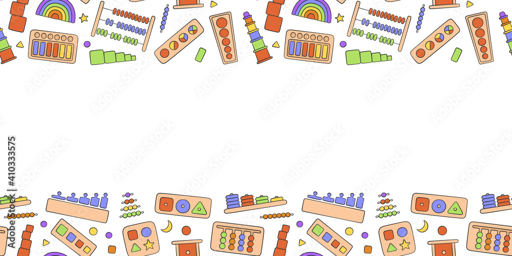 Hand drawn kid toys for Montessori games. Education logic toys for preschool children. Montessori system for early childhood development. Vector background in doodle style