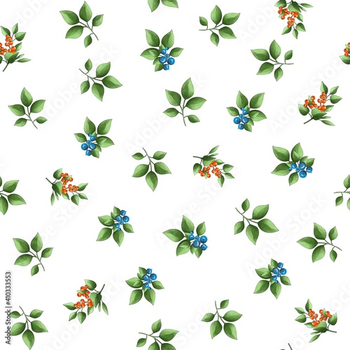 Seamless pattern with green leaves, blueberry and rowan branches
