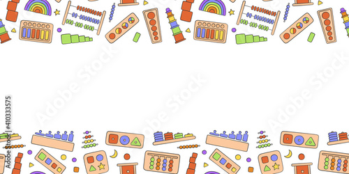 Hand drawn kid toys for Montessori games. Education logic toys for preschool children. Montessori system for early childhood development. Vector background in doodle style