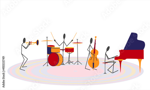 Jazz band playing music isolated on white background. Piano, double bass, drums, trumpet. Classic jazz quartet. Sketchy vector illustration.