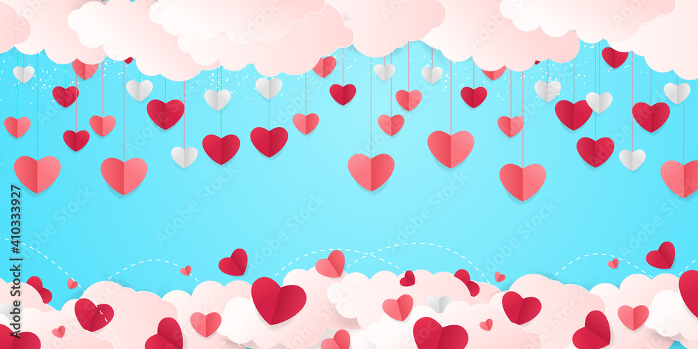 Horizontal banner with paper cut clouds and flying hearts in blue sky, papercut craft art. Place for text. Happy Valentines day sale concept, voucher template with square frame. Horizontal banner with paper cut clouds and flying hearts in blue sky, papercut craft art. Place for text. Happy Valentines day sale concept, voucher template with square frame.