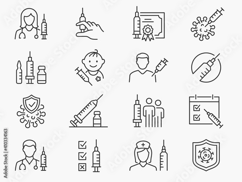 Vaccine icon set. Collection of syringe, coronavirus, covid 19 and more. Vector illustration. Editable Stroke.