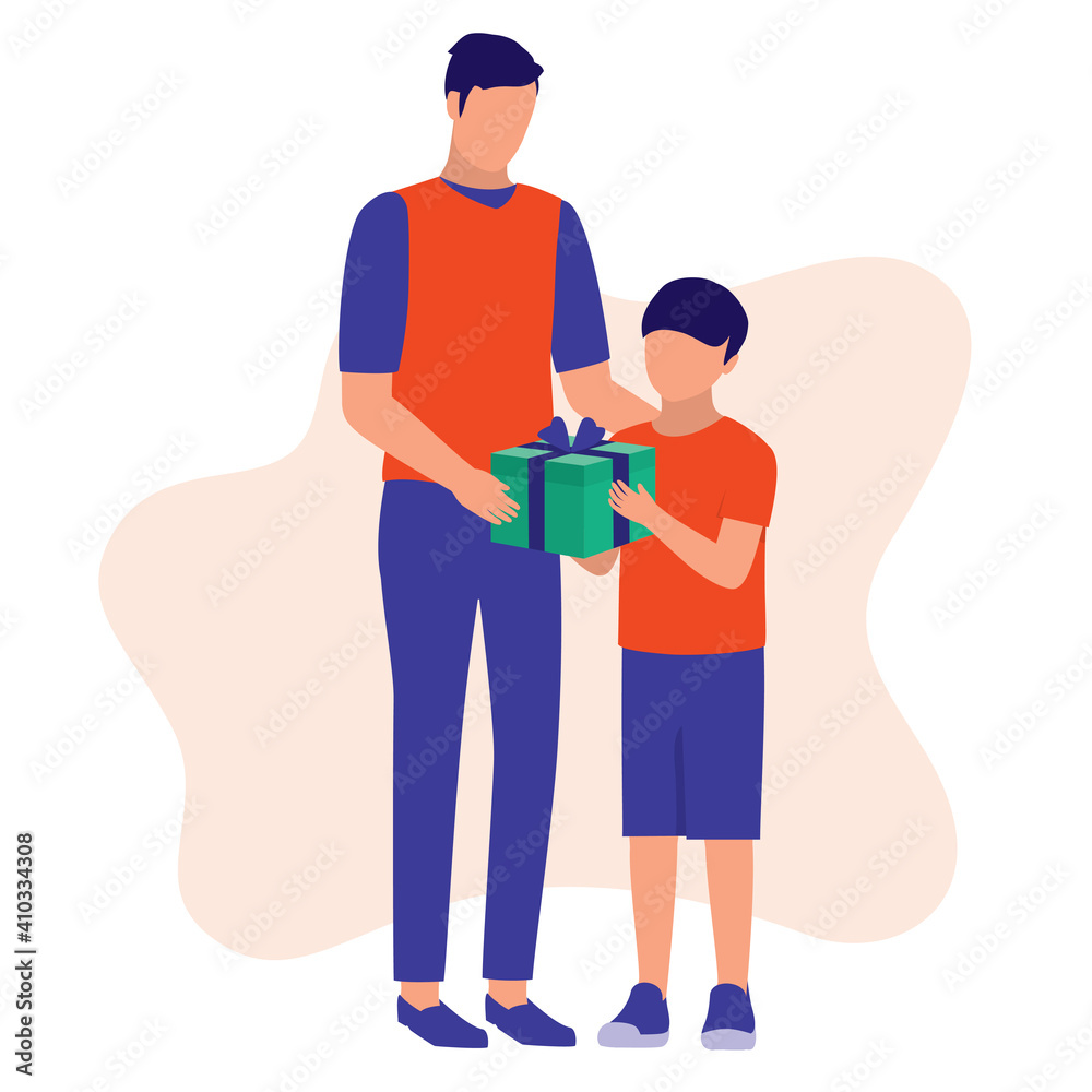 Little Boy Giving His Dad A Gift. Full Length. Flat Design. Little Boy Giving His Dad A Gift. Full Length. Flat Design.
