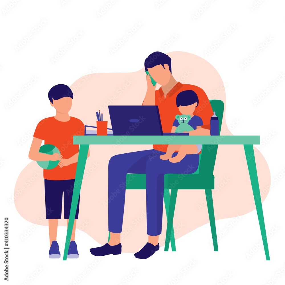 Father Busy Working While Taking Care Of His Two Kids. Dad Stop Feeding His Baby While Answering Calls. Son Hoping To Spend Time With His Dad. Full Length. Flat Design.