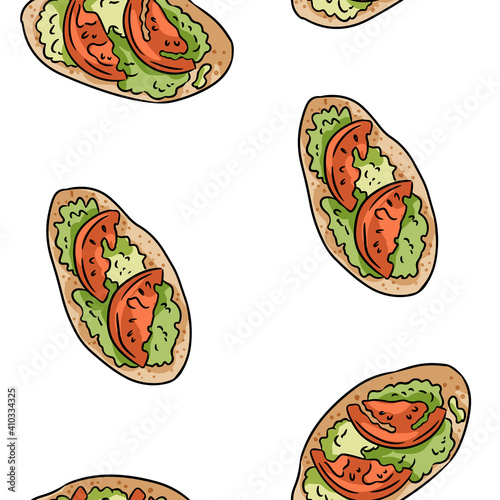 Breakfast toasts doodles seamless border pattern. Cute cartoon tasty tapas with tomatoes and pesto repeatable background tile. Cozy template of illustration for wrapping design, wallpaper