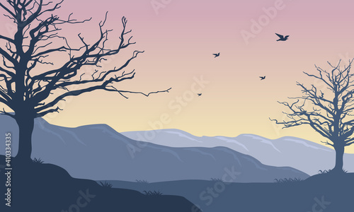 Fantastic morning sunrise scenic on the edge of the city. Vector illustration