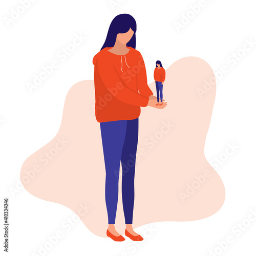 Young Woman Seeing Herself Worthless, Failure And Smaller Than She Really Are. Low Self-Esteem Concept. Vector Flat Cartoon Illustration. Sad Woman Feeling Low Confidence In Her Abilities.